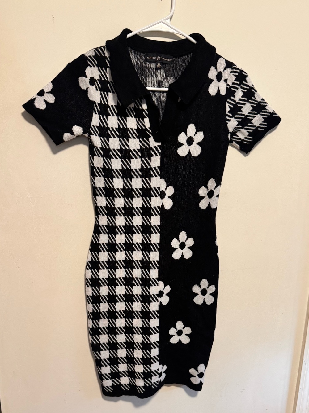 Almost Famous Black and White Floral-Check Polo Knit Dress
